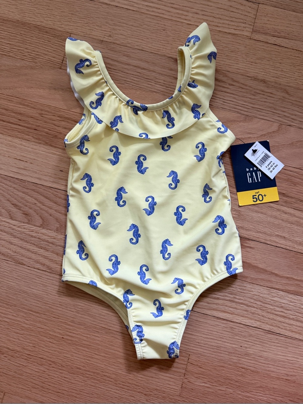NWT GAP Yellow One-Piece Swimsuit with Blue Seahorse Print and Ruffle